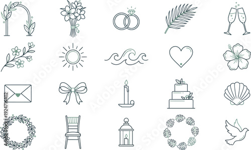 Elegant collection of minimalist line art icons for weddings, celebrations, and romantic events.