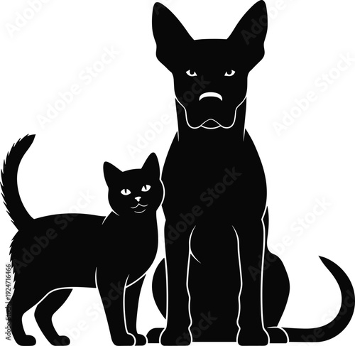 Black cat and dog silhouette vector, standing pet animals together, isolated icons for veterinary, animal clinic and shelter, logo