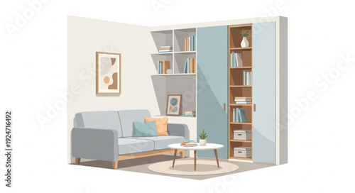 Cozy living room interior with sofa and bookshelves.