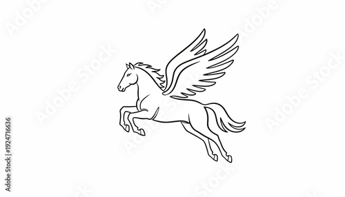 Mythical Pegasus Horse Flying with Wings, Outline Drawing