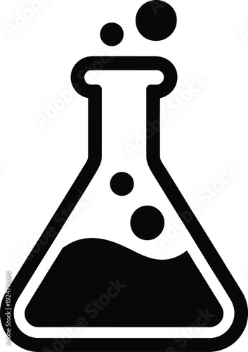 A simple black and white illustration of an erlenmeyer flask containing a dark substance and bubbles.