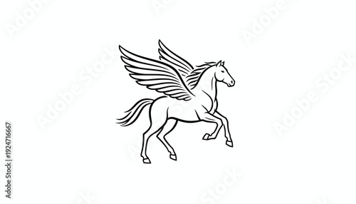 Mythical Pegasus Horse Flying with Wings, Outline Drawing, Fantasy Creature