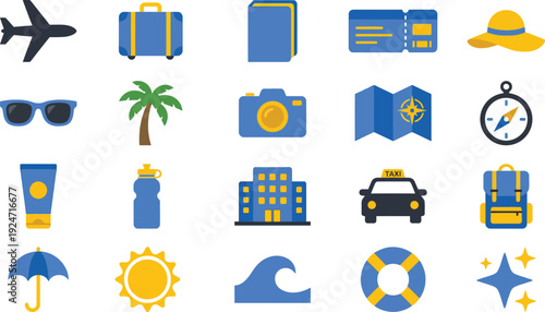 Collection of essential blue and yellow travel vacation icons for summer holiday planning