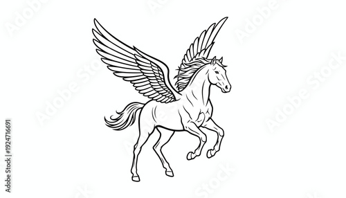 Mythical Pegasus Horse with Majestic Wings in Flight - Line Art Illustration