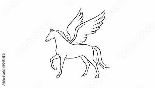Mythical Pegasus Horse with Wings, Line Art Illustration, Fantasy Creature