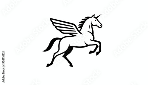 Mythical Winged Horse Pegasus Silhouette, Fantasy Creature, Greek Mythology Symbol, Black and White