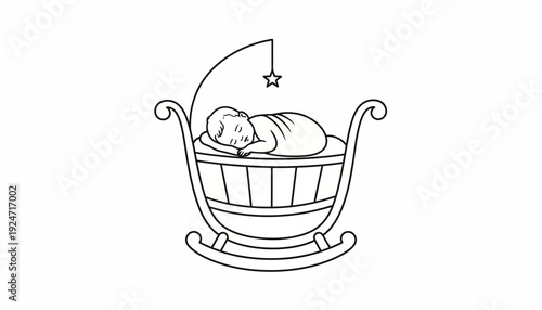 Newborn baby sleeping peacefully in a vintage rocking cradle with a star mobile