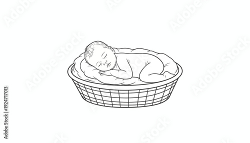 Newborn baby sleeping peacefully in a woven basket, illustration