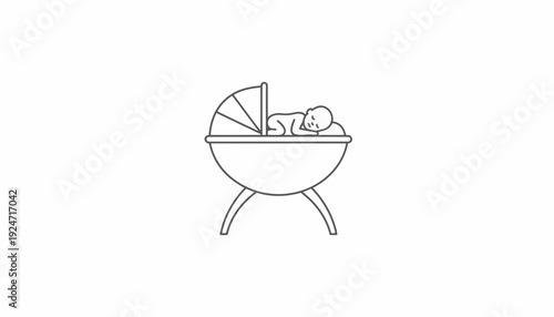 Newborn Baby Sleeping Peacefully in a Vintage Bassinet, Minimalist Line Art Illustration