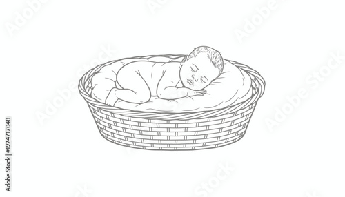 Newborn baby sleeping peacefully in a woven basket, serene innocence, gentle slumber