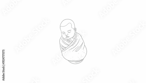 Newborn Baby Sleeping Peacefully Wrapped in Swaddle Blanket, Minimalist Line Art Illustration