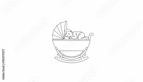 Newborn Baby Sleeping Peacefully in Vintage Cradle, Outline Illustration