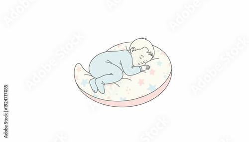 Newborn baby sleeping peacefully on a crescent moon shaped pillow, cute and serene