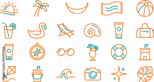 Collection of colorful orange and teal outline icons representing summer vacation and beach activities