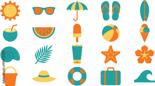 Collection of colorful flat design icons representing essential summer vacation and beach activities items.