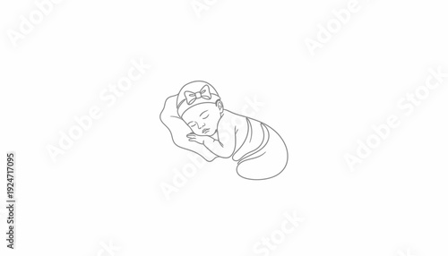 Newborn baby sleeping peacefully on a pillow, line art illustration, cute and serene.