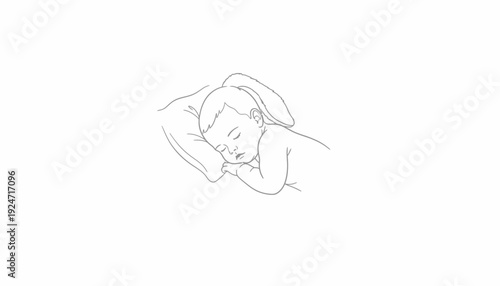 Newborn baby sleeping peacefully on a pillow, line art illustration