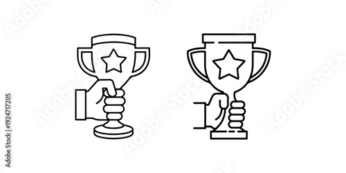 Achievement award icon set featuring hand holding trophy cup with star symbol for victory success competition winner celebration and performance recognition