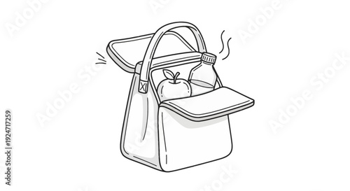 Open Lunch Bag with Apple and Water Bottle, Healthy Food Storage, Picnic Bag