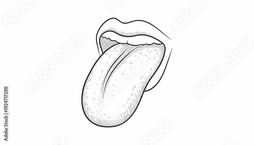 Open Mouth with Tongue Sticking Out, Black and White Line Drawing