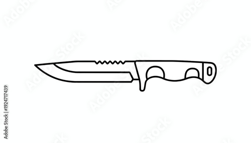 Outline of a Serrated Hunting Knife with a Black Handle on a White Background