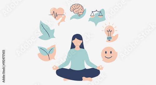 Woman meditating surrounded by symbols of well-being and health