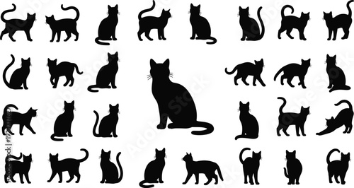 Black cat silhouettes in various poses, walking, sitting, stretching, standing, feline collection, isolated animal icons, pets vector graphics, kitty shapes.