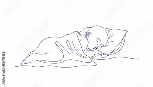 Peaceful baby sleeping soundly on pillow, covered by blanket, line art illustration