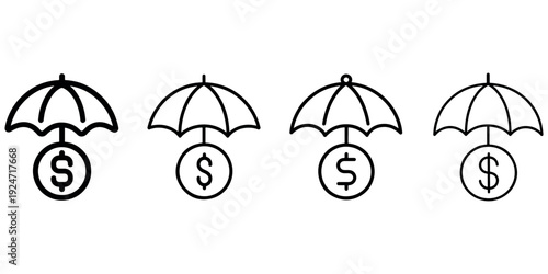 Umbrella and dollar coin icons, financial protection and insurance concept, money safety symbol, set of simple line art graphics