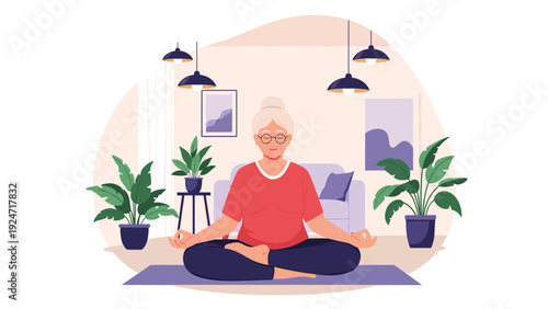 Senior woman sitting in a lotus position on a yoga mat meditating peacefully in a cozy living room decorated with many plants.