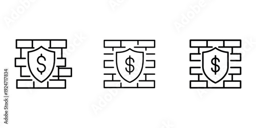 Financial security and investment protection icon set depicting a brick wall with shield and dollar sign symbol for concept