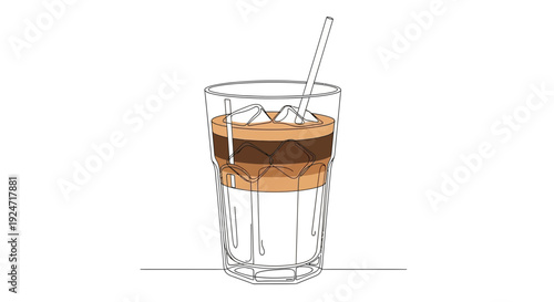 Refreshing Iced Coffee Drink with Layers in a Tall Glass, Minimalist Line Art Style