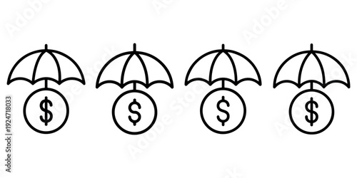 Umbrella covering dollar coin, money protection icon, financial safety symbol, insurance concept, secure investment and currency security symbol