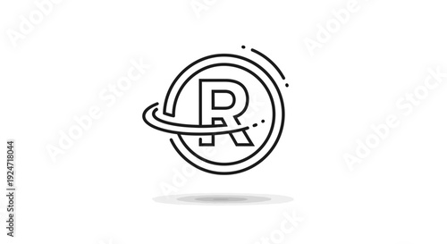 Registered Trademark Symbol R Icon in Circle with Orbiting Ring - Black and White Line Art