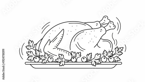 Roasted Turkey Dinner with Cranberries and Parsley on Serving Platter, Line Art Illustration