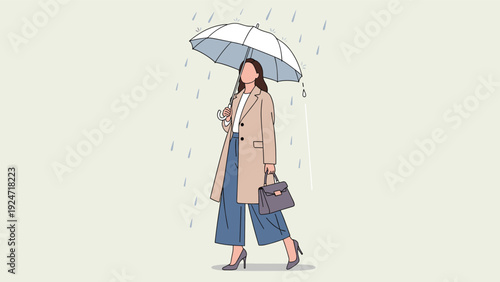 Fashionable woman walking through the rain while holding a white umbrella and carrying a briefcase on a gloomy day.