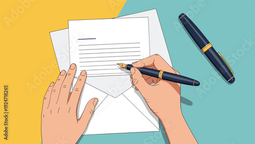 Top-down view of a person writing a letter with a fountain pen on paper next to an envelope and another pen on a desk.