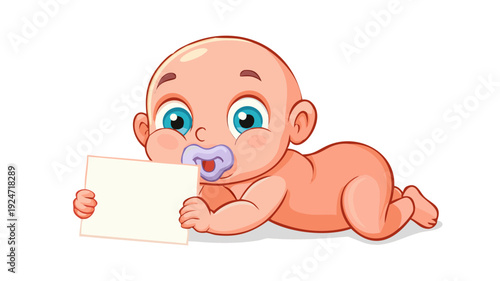 Cartoon newborn baby with a pacifier in his mouth holding a card in his hands vector illustration