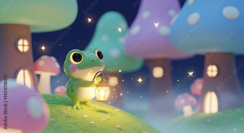 Naklejka premium A tiny cartoon frog holding a glowing crystal lantern while standing on a mossy pastel hill in a magical dream forest. 