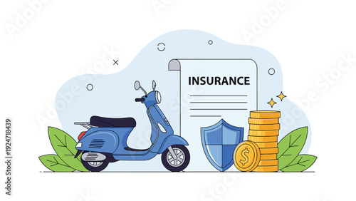 Blue motor scooter parked in front of an insurance policy document with gold coins and a shield representing vehicle protection.