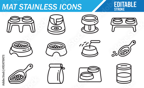 Mat stainless icons set. Vector line illustration collection of pet bowls, feeders, scoops, food bags, stands, and mats with editable stroke.