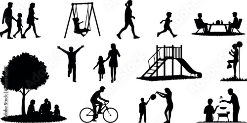 Family Outdoor Activity Silhouette Vector Set Picnic, Play, and Recreation Line Art Collection