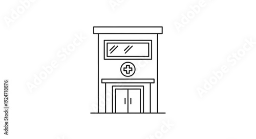 Simple Line Icon of a Modern Hospital Building with Medical Cross Symbol