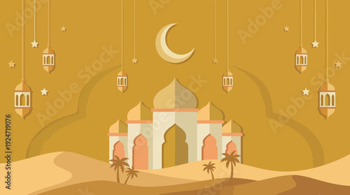 Eid celebration illustration featuring mosque, crescent, lanterns, desert, and palms in a serene desert landscape
