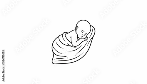 Sleeping Newborn Baby Wrapped in Blanket, Peaceful Infant Rest, Black and White Line Art