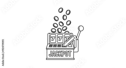 Slot Machine Jackpot Win with Falling Coins - Line Art Illustration
