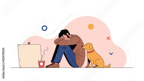 Homeless man sitting on the ground with his head down next to a loyal dog and a cardboard sign in a public space.