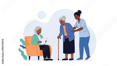 Kind nurse in a blue uniform assisting a senior woman with a walking cane to walk while another elderly lady reads nearby.
