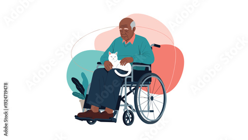 Elderly man sitting in a wheelchair while gently holding a white cat against a colorful background with soft organic shapes and plants.