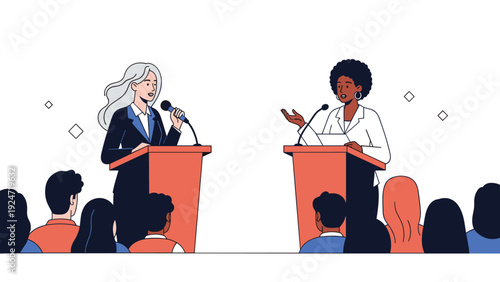 Two diverse women participate in a political debate standing behind podiums with microphones while an audience watches from below.